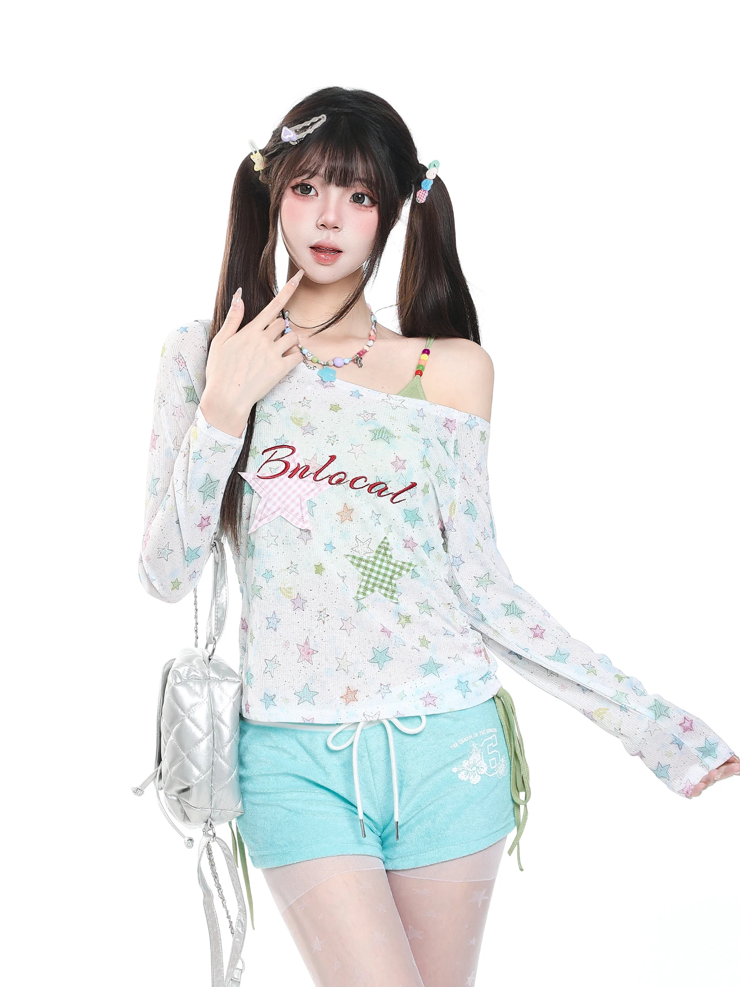 Summer Dopaamine Colored Stars Loose Fit Long Sleeve T-Shirt Women's Casual Style Printed Top And Bottom Two Piece Set