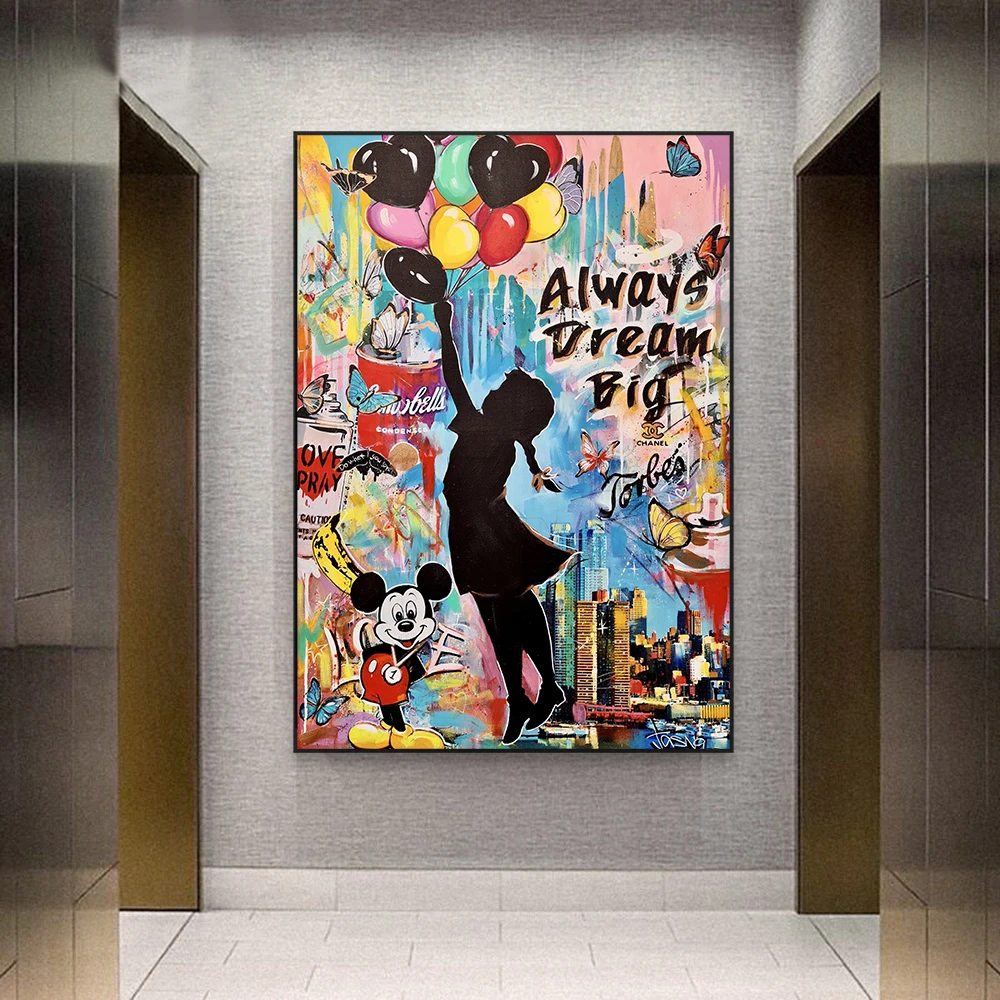 Disney Mickey Mouse Art Poster Graffiti Art Prints Always Dream Big Quotes Colorful Canvas Painting Home Office Room Wall Decor