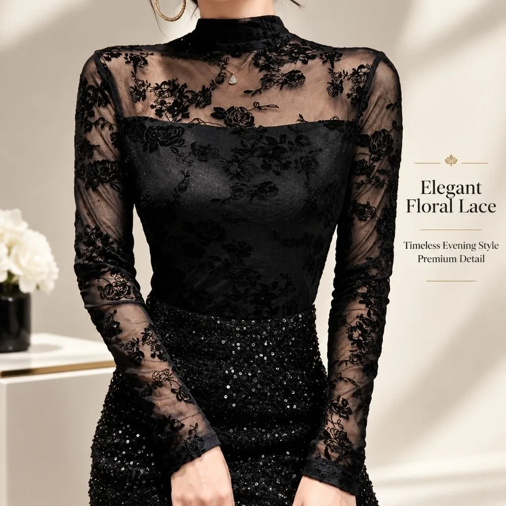 Floral Print Mesh Blouse Semi‑Sheer Mesh Fleece Lined Option Turtleneck Shirt Stretchy Fabric Slim Fit Long‑Sleeve Undershirt