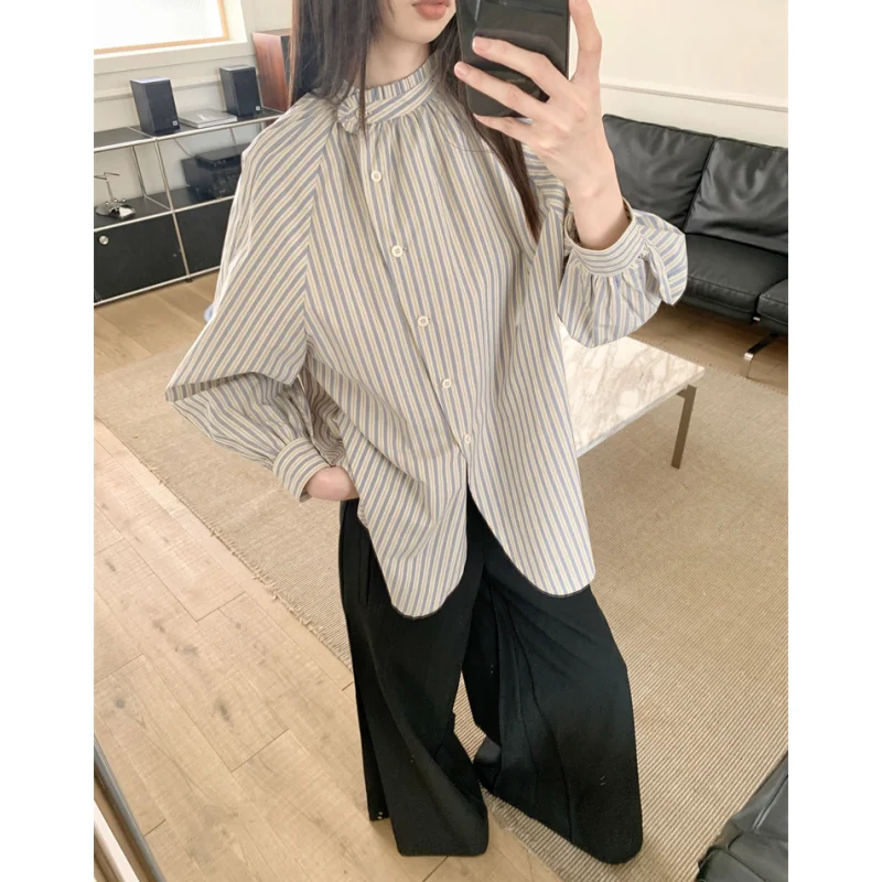 Blue T Shirt For Women Personalized Long Sleeved Vertical Stripes Summer Fashion Y2K Solid Shirt Vintage Female Clothing Tops