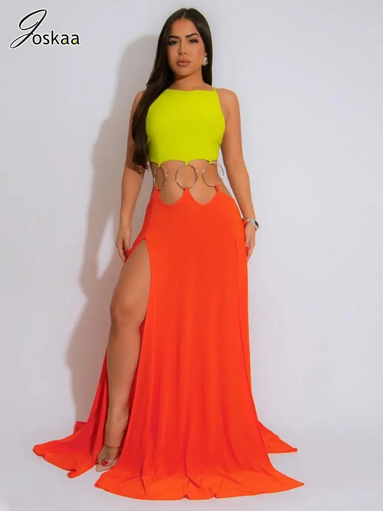 Joskaa Elegant Hollow Metal Ring Big Swing Maxi Dress Women Sexy High Split Backless Long Evening Dresses 2025 Holiday Clubwear