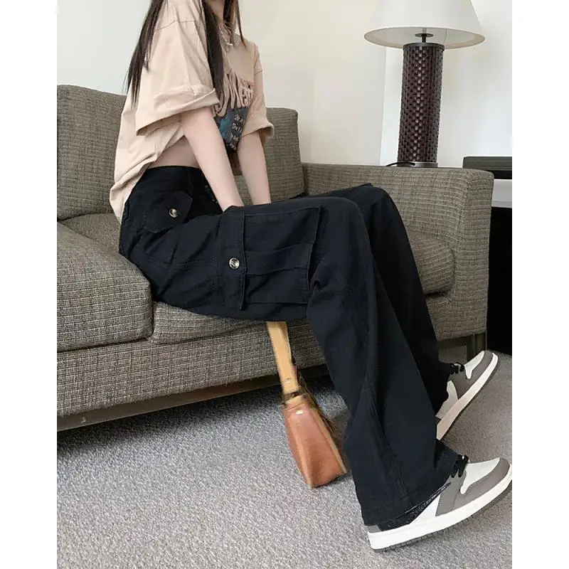 الجينز الأمريكي الرجعية للنساء في الخريف الفتيات الساخنة العمل السراويل عالية الخصر الطابق السراويل فضفاضة واسعة الساق السراويل