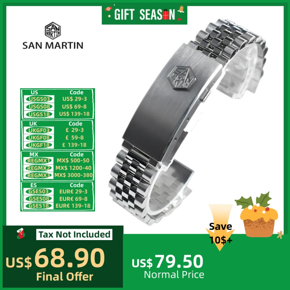 San Martin Steel Jubilee Bracelet For 20mm Watch Fly Adjust Fold-Over Clasp Solid Curved End Links For SN0008 SN0128 Luxury