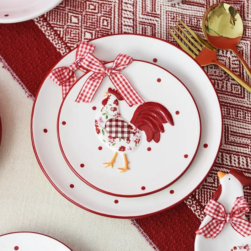 Round Ceramic Plate Stereoscopic Relief Jar Salad Bowl Red Cartoon Chicken Pattern Porcelain Tableware Household Dessert Tray