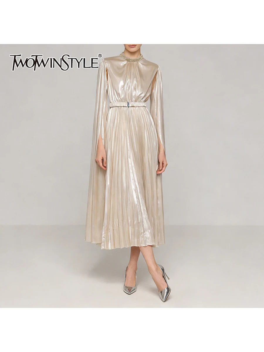 TWOTWINSTYLE Solid Spliced Folds Minimalist Long Dresses for Women Stand Neck Long Sleeves Patchwork Beading Dress Female New