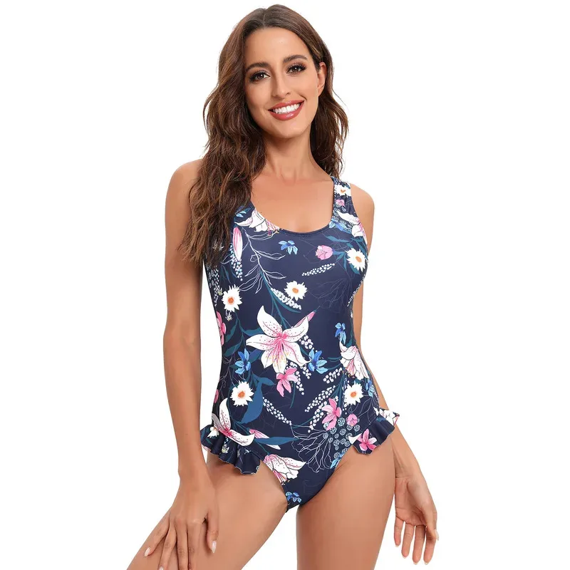 

One Piece Swimsuit Women Floral Ruffled Swimwear 2025 Beach Bathing Suit Beachwear