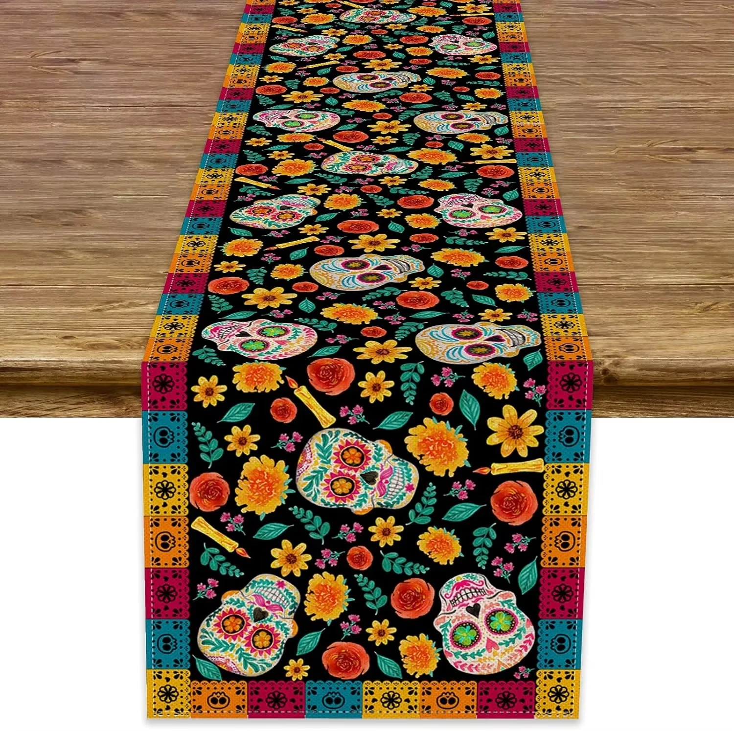 

Dia De Los Muertos Linen Table Runner - Mexican Sugar Skull, Altar Decor for Home, Kitchen, Dining Room