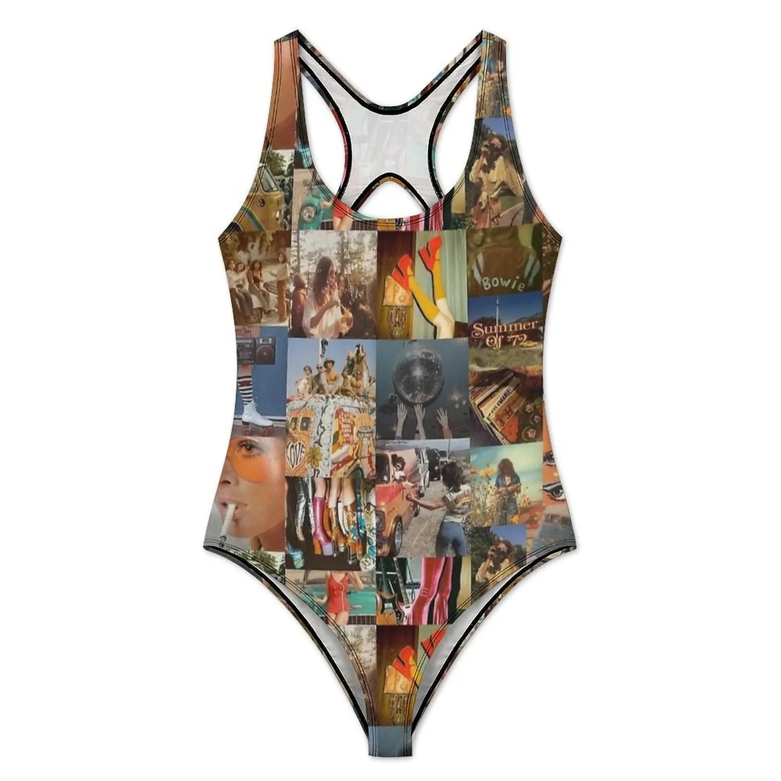 Vintage 70s Aesthetic Collage Swimsuit Push Up Swimwear One-Piece Vacation Bath Bathing Suit Bodysuit Sexy Graphic Beach Outfits
