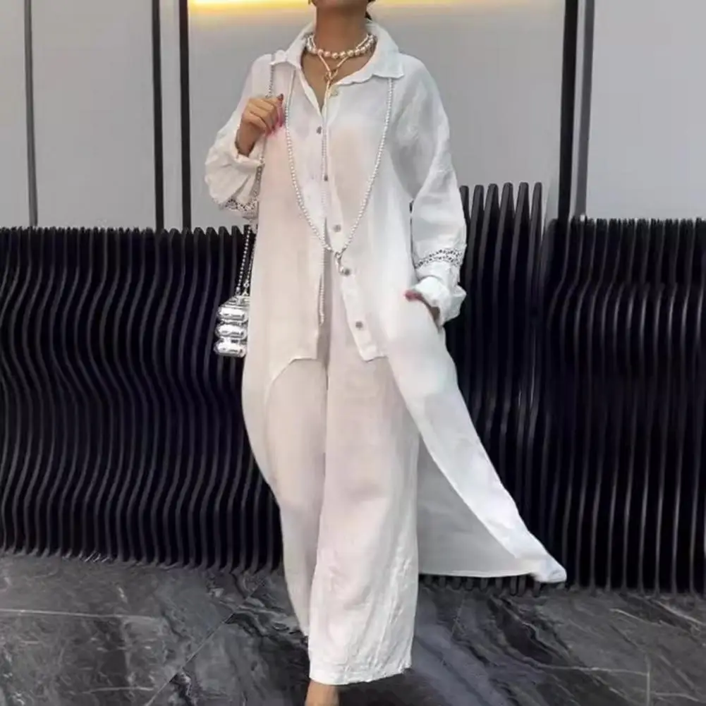 Lady Clothes Irregular Long Blouse Elegant Lace Cuff Shirt Trousers Set for Women Stylish Button-down Blouse with for Fall