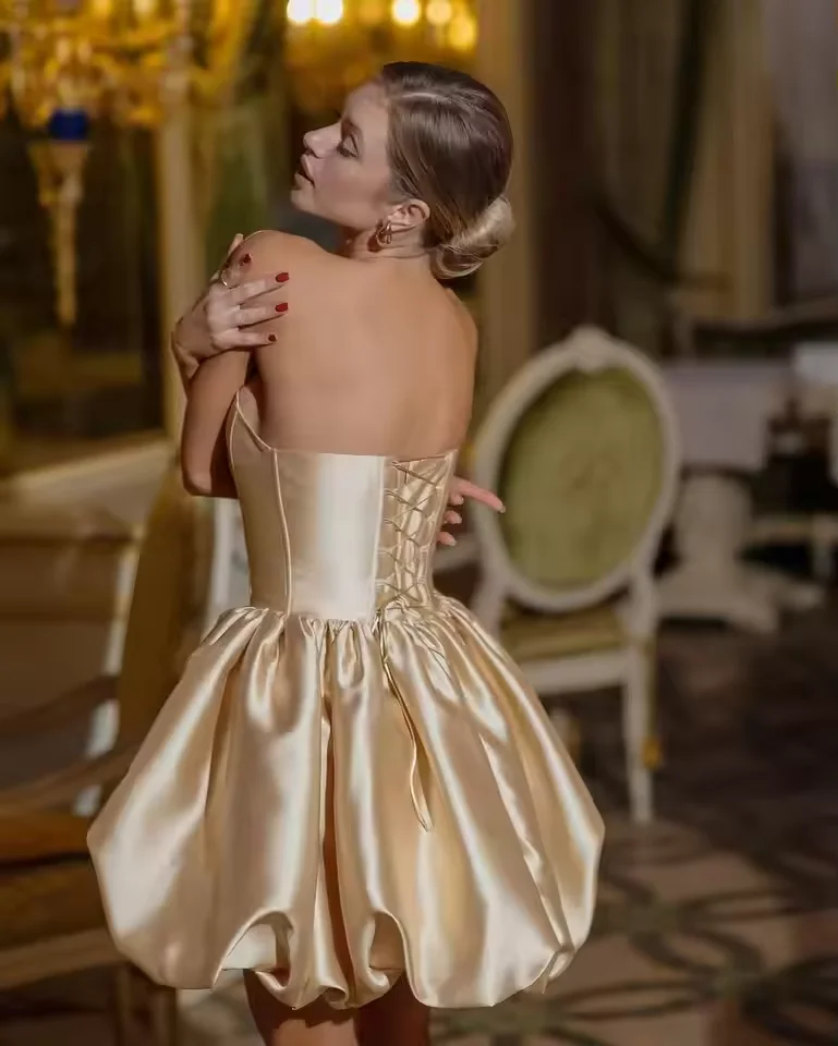 فستان حفلات قصير على شكل قلب مخصص بدون حمالات على شكل حرف a من الساتان الشمبانيا فستان حفلات أعياد الميلاد مشد خلفي لحفلات العودة للوطن #3