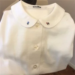 New children's three flowers embroidered long-sleeved shirt white cotton top girls classic