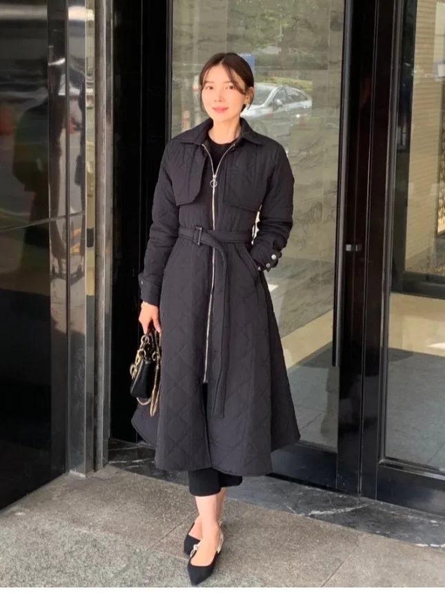 Ele Thiened Long Coat Women's Bla Slimming Waist Cotton Plaid Outerwear Vintage High-End Feelings Faionable