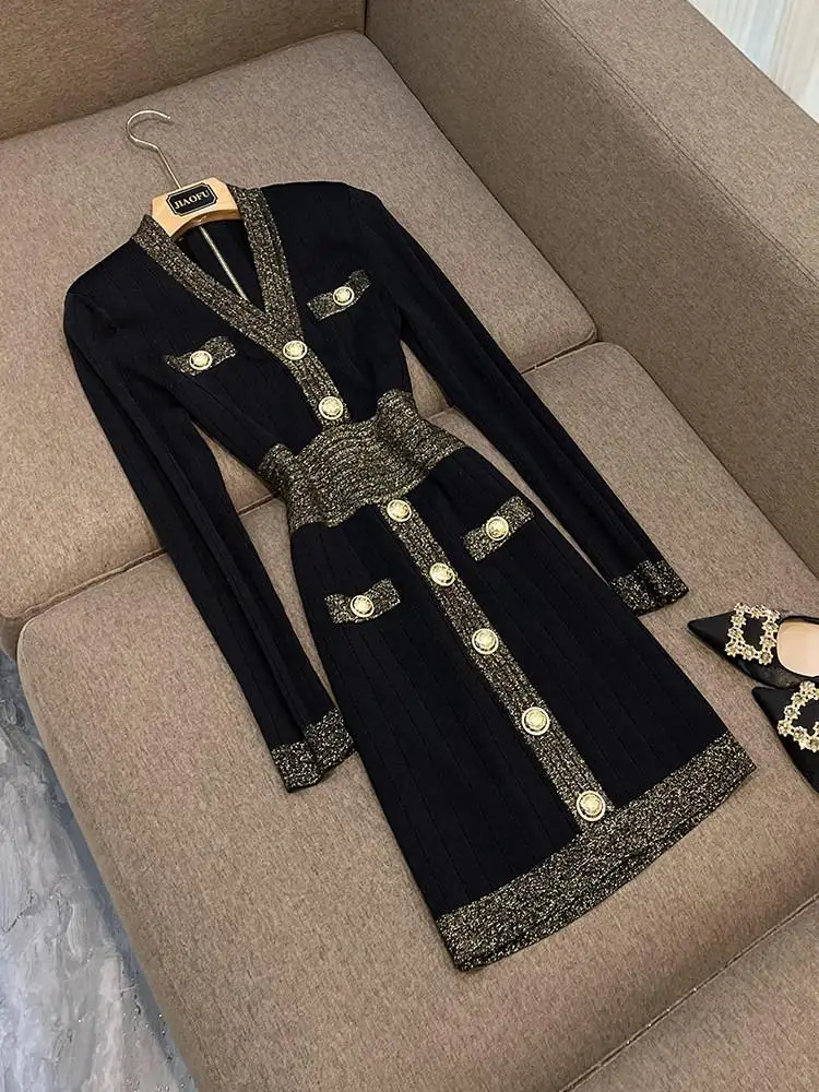 

Faionable Knitted Wrap Dr Women's High Waist Silk Ice Material Button Detail V-Neline All Seasons Ci Commute Dr