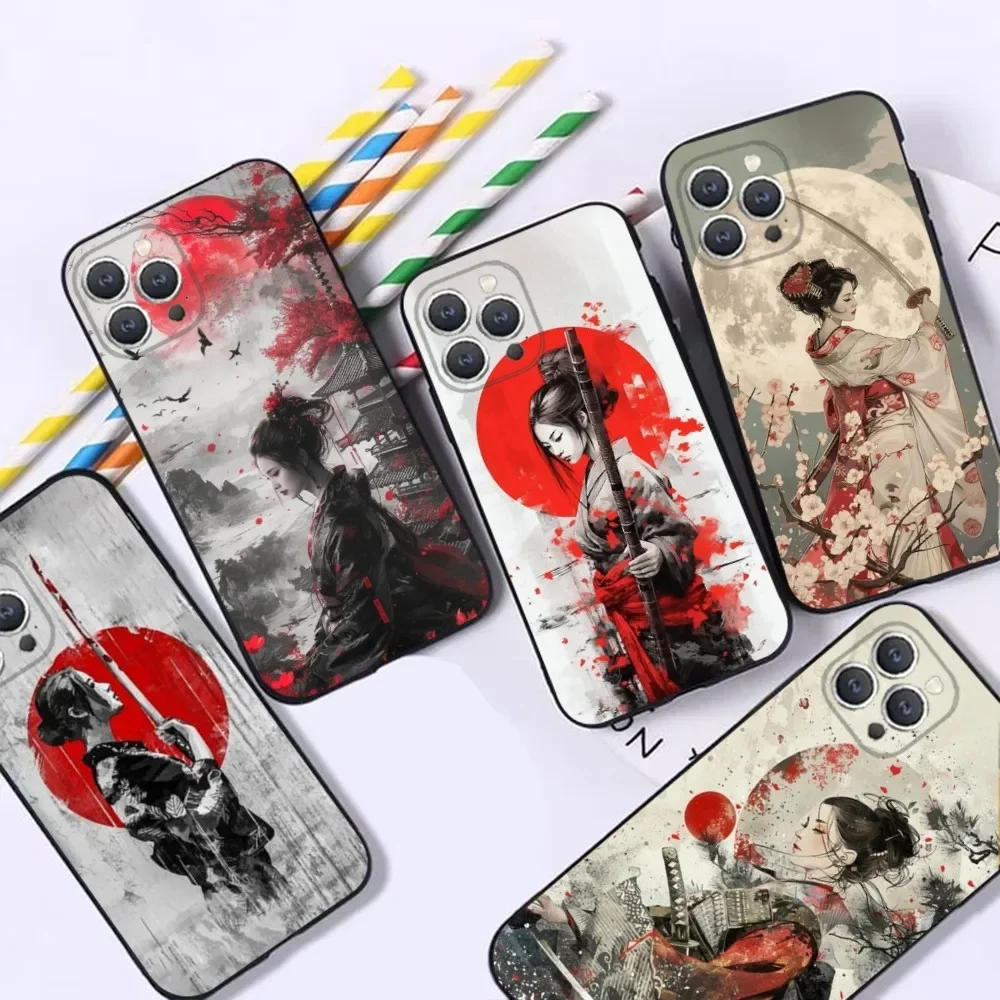 

Samurai Warrior Geisha Phone Case For iPhone 16,15,14,13,12,Pro,Max,11,7,8,Plus,XR,XS Max Shockproof Silicone Soft Shell