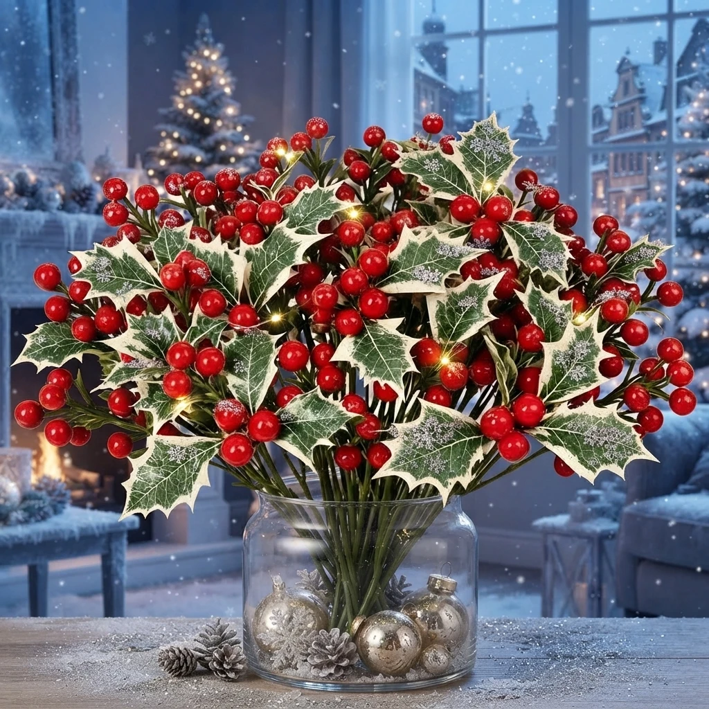 10-40PCS Artificial Holly Berry Green Leaves Christmas Picks for Wreath Cake Topper DIY Crafts Holiday Party Decorations