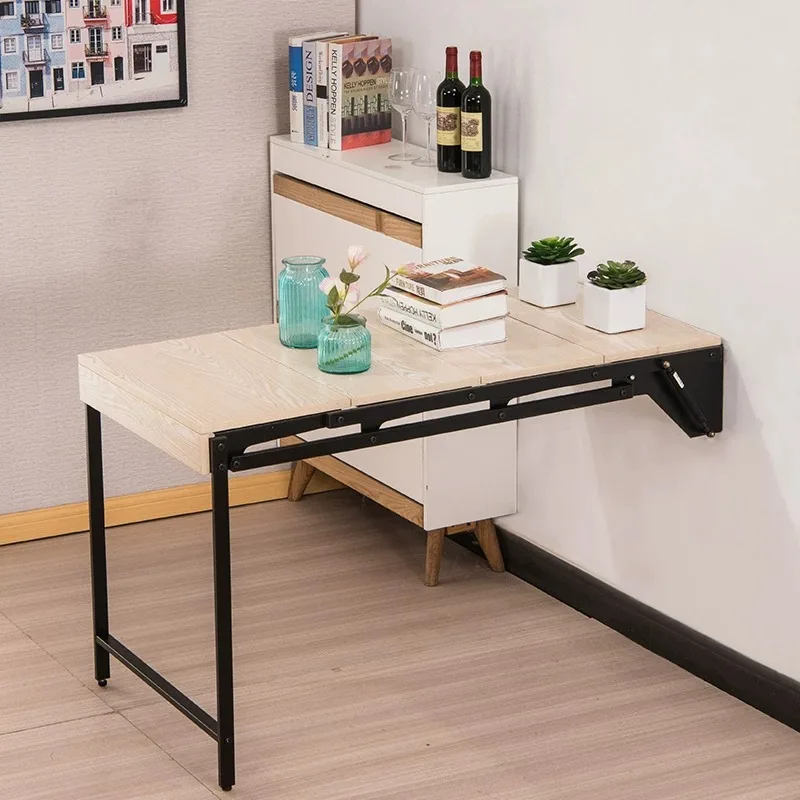 Space Saver Convertible Wall-mounted Folding Dining Table with Pull-out Desk and Storage Shelves, Drop-leaf Compact Design for