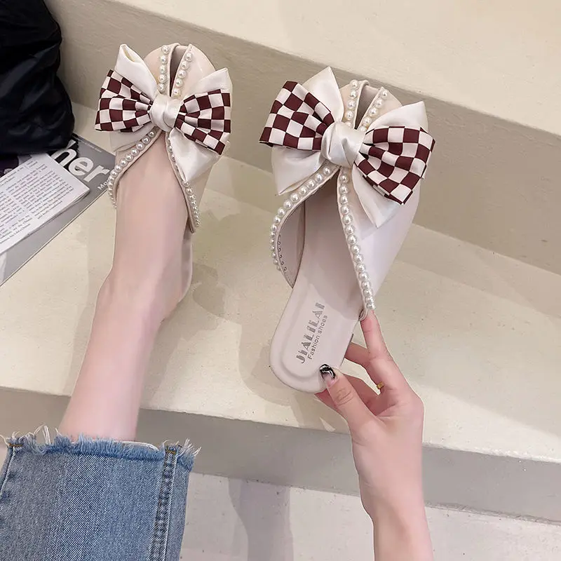 Closed Toe Half Slippers for Women Summer Wear 2022 New Bow Pearl Flat Soft Bottom Peep-Toe Slippers Women