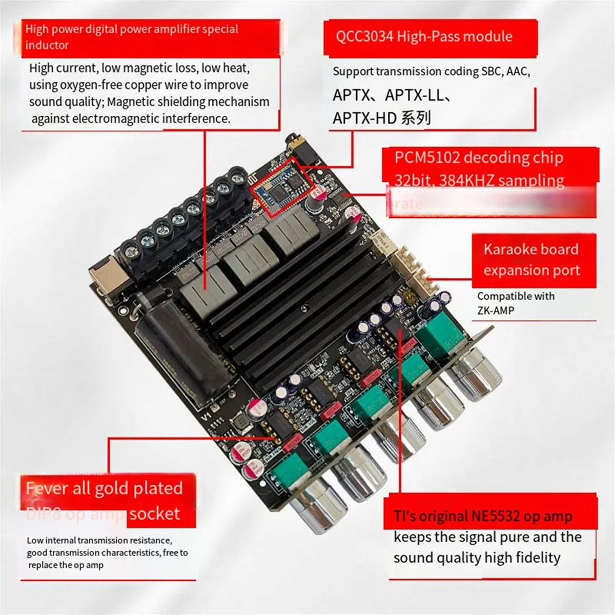 -APTX1 BT Digital Amp 2.1CH Qualcomm BT Amp Board 100W+100W+200W, A