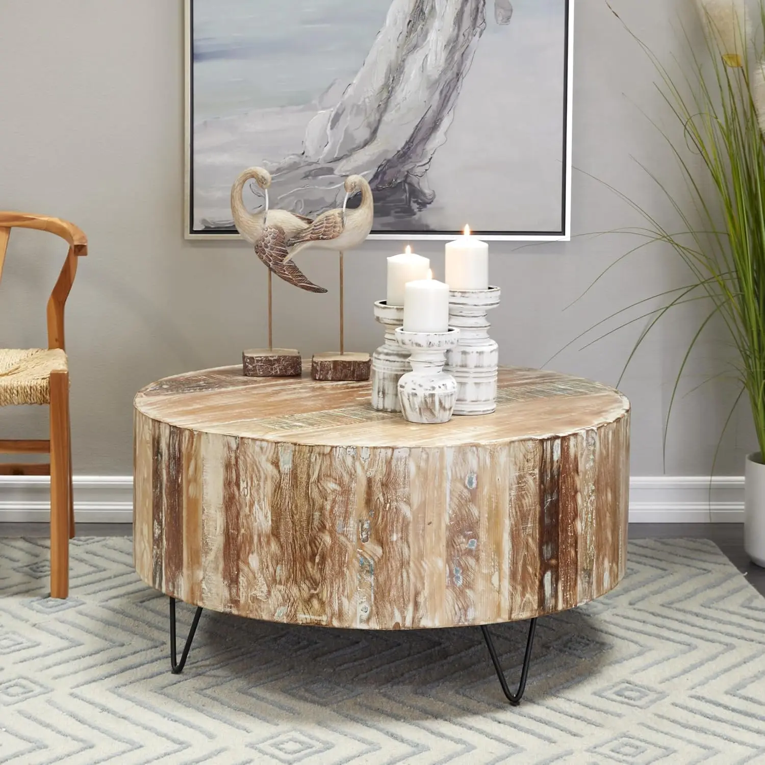 

Mango Wood Handmade Living Room Coffee Table Distressed Table with Black Metal Hairpin Legs, Center Table 37" x 37" x 18", Brown