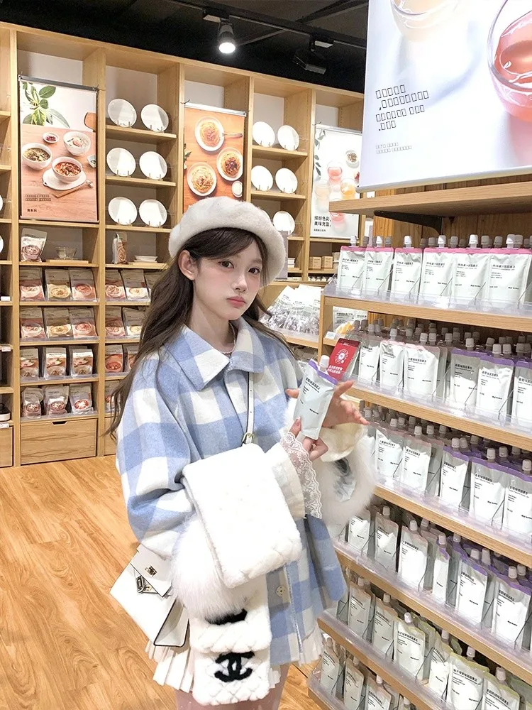 

Acaine Double-Faced Woolen Coat with Fur Cuffs Loose Fit Women's Winter Outerwear Korean Sle Sweet Sle Button Design