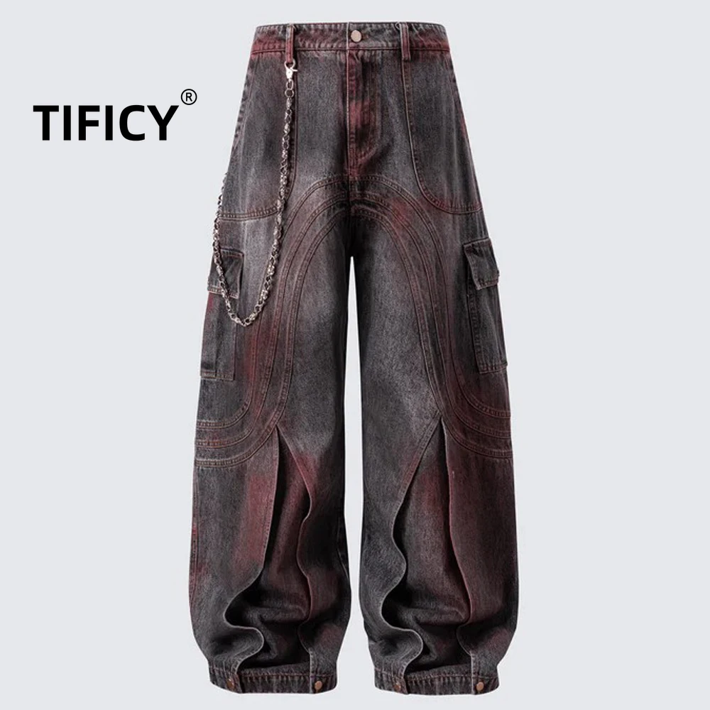 

High Street High Street Pants Jeans Pants Men's Straight Leg Splicing Splashed Ink Micro Flared Fashion Pants