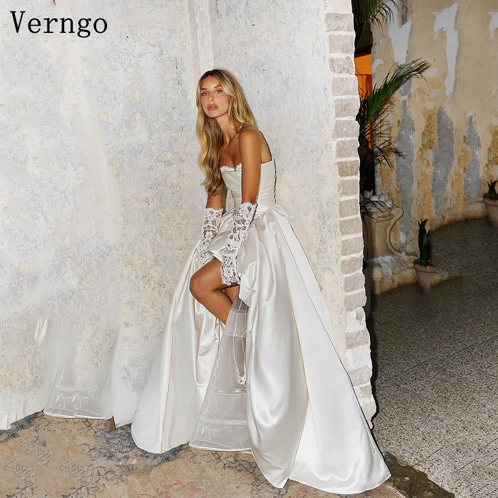 

Verngo Beige Wedding Dress Strapless A Line Sweap Train Bridal Gowns Women Elegant Side Slit Bride Dresses Customized