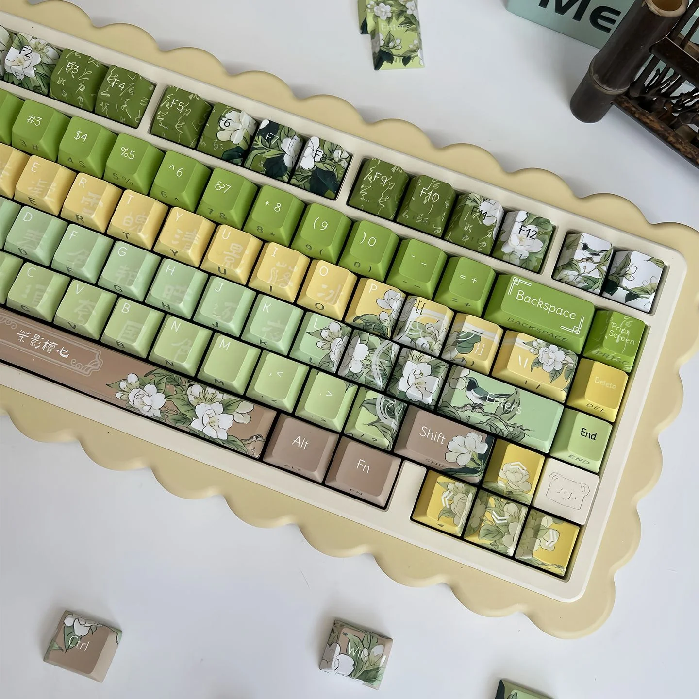 130 Keys 5 Sides Dye Sub PBT Keycap Set Jasmine Cherry Profile Side Printed Shine Through Keycaps for MX Switches Keyboard
