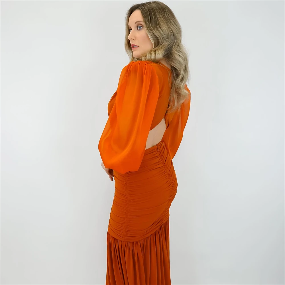 

Customized Soft Orange Evening Dresses Dreamy Chiffon V-Neck Long Sleeves Bespoke Occasion Gowns Temperament Party Dress