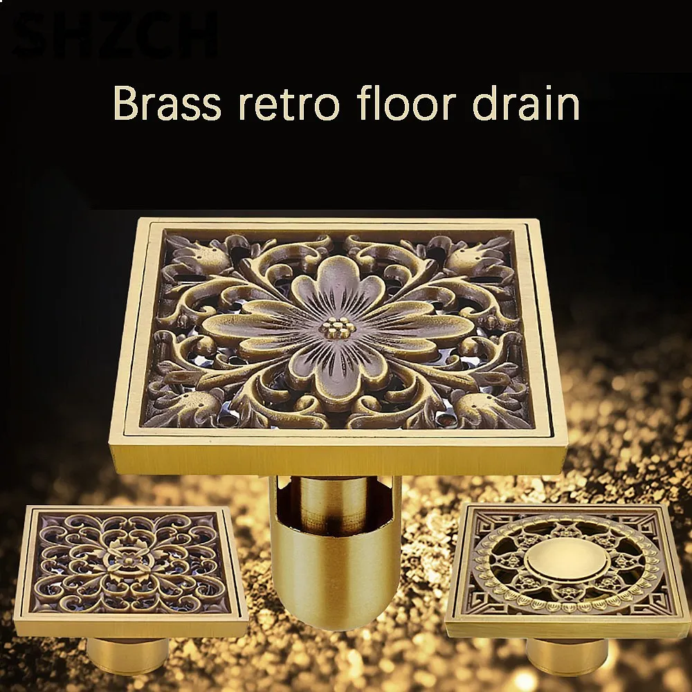 10X10cm European Antique Brass Floor Drain, Retro Odor Proof Cover for Kitchen Bathroom Shower