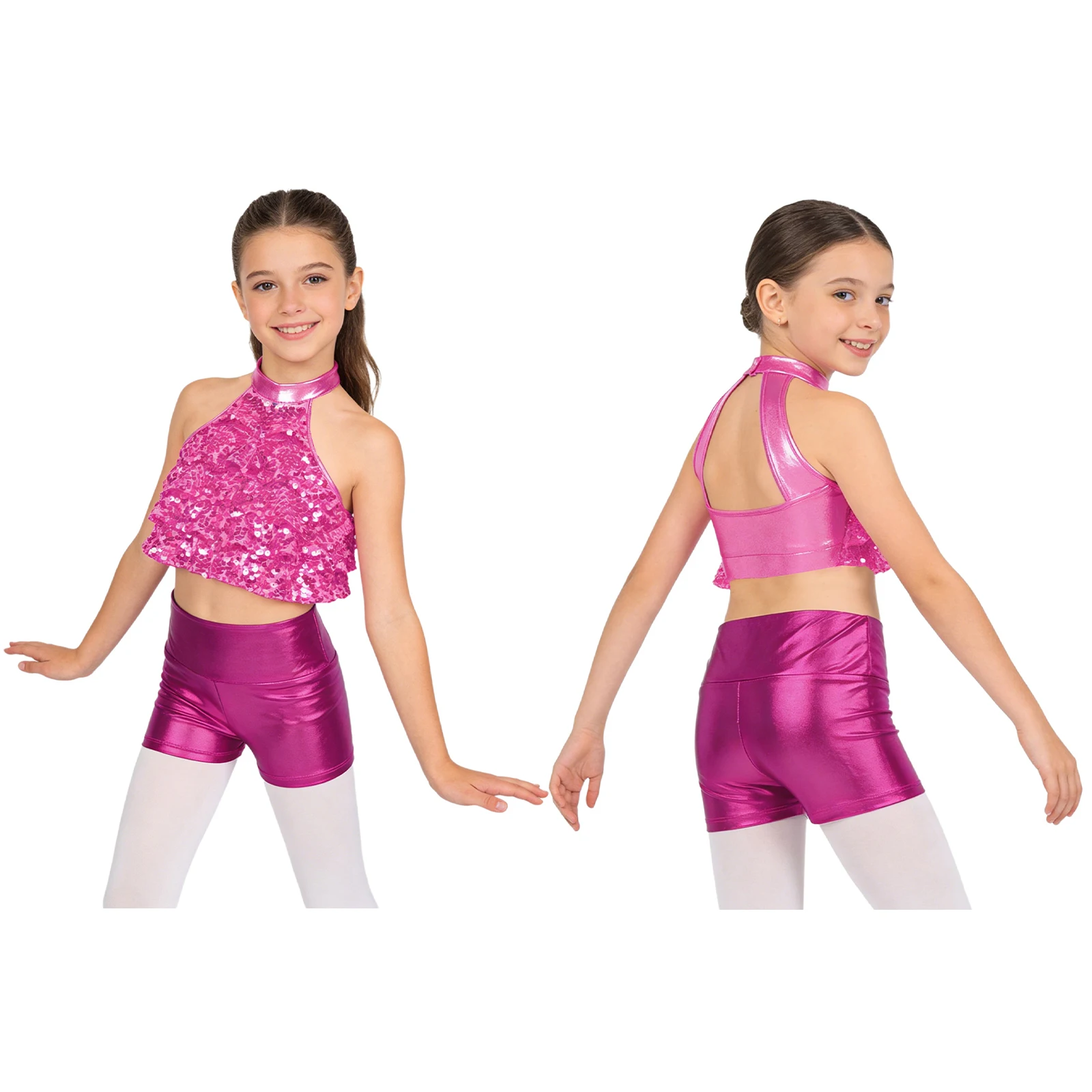 

Kid Girls Jazz Hip Hop Dance Outfit Cheerleading Gymnastic Performance Costume Shiny Sequin Tiered Crop Top with Metallic Shorts