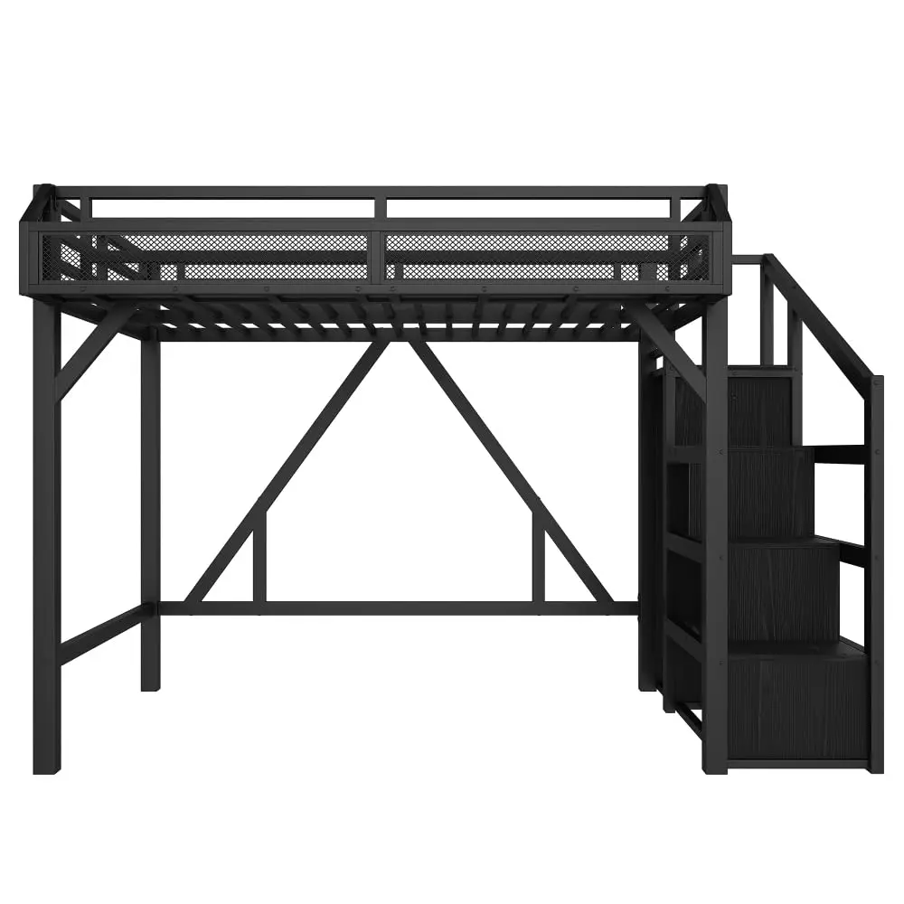 Twin Loft Bed Storage Stairs Shelves Wardrobe Metal Frame USB LED Lights Noise-Reduced Black MDF Twin, Customized image 6