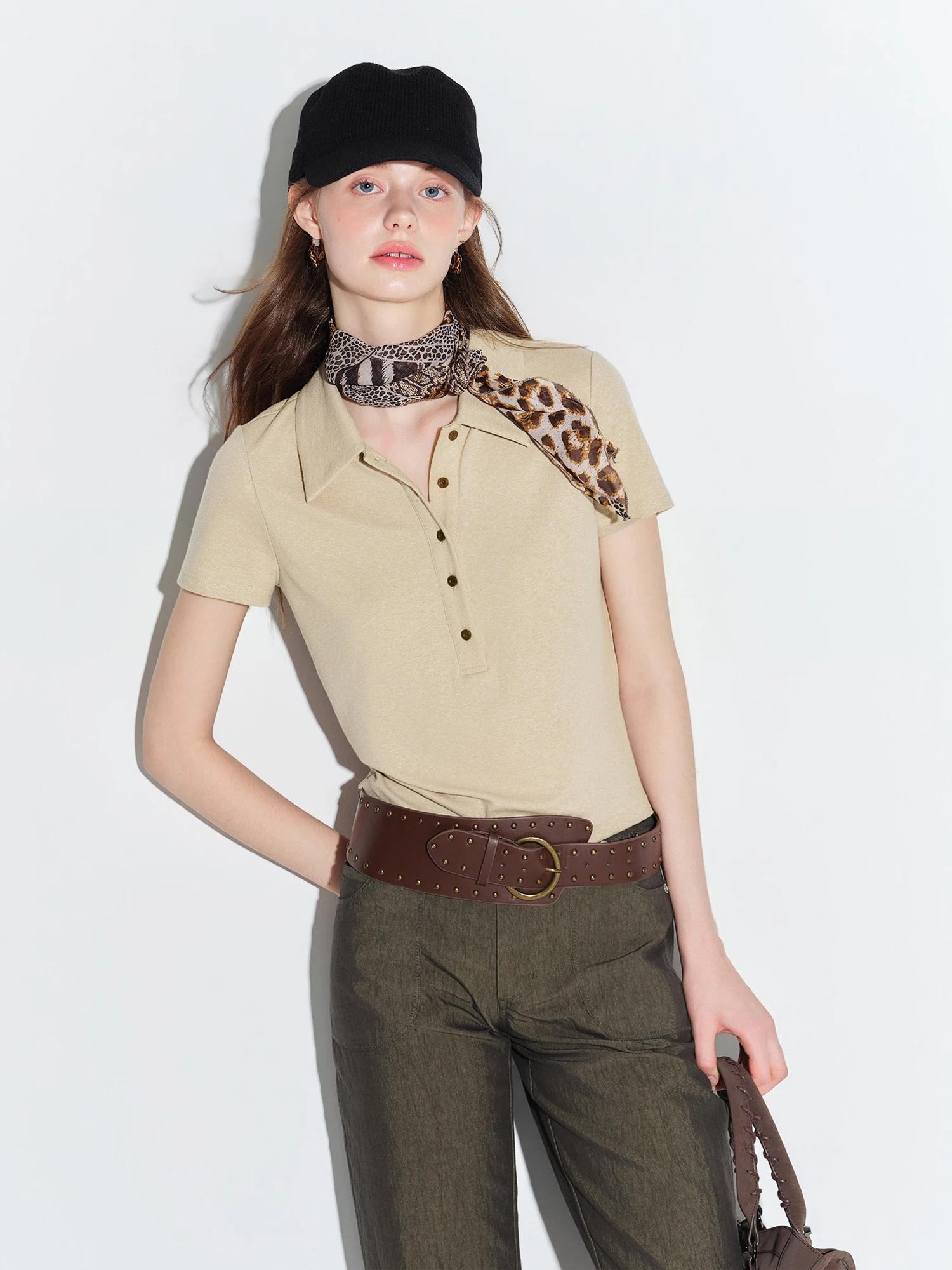 FSLE Women's 2026 Summer New Arrival Linen Lyocell Polo Shirt Retro Elegant Commute Short Sleeve Tee Old Money Aesthetic T-Shirt