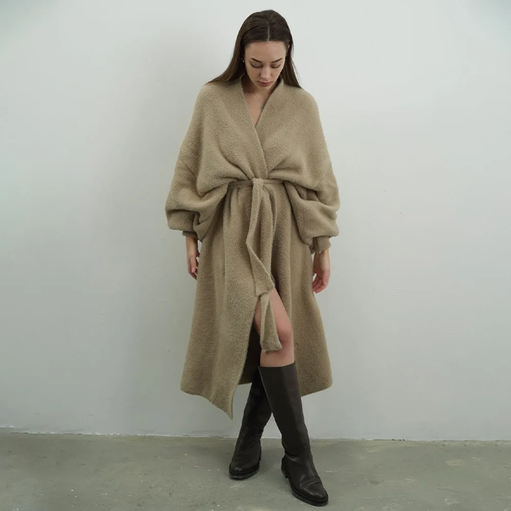 Furry Open Front Cardigan Women Fall Winter New V Neck Tie Waist Loose Casual Long Coat