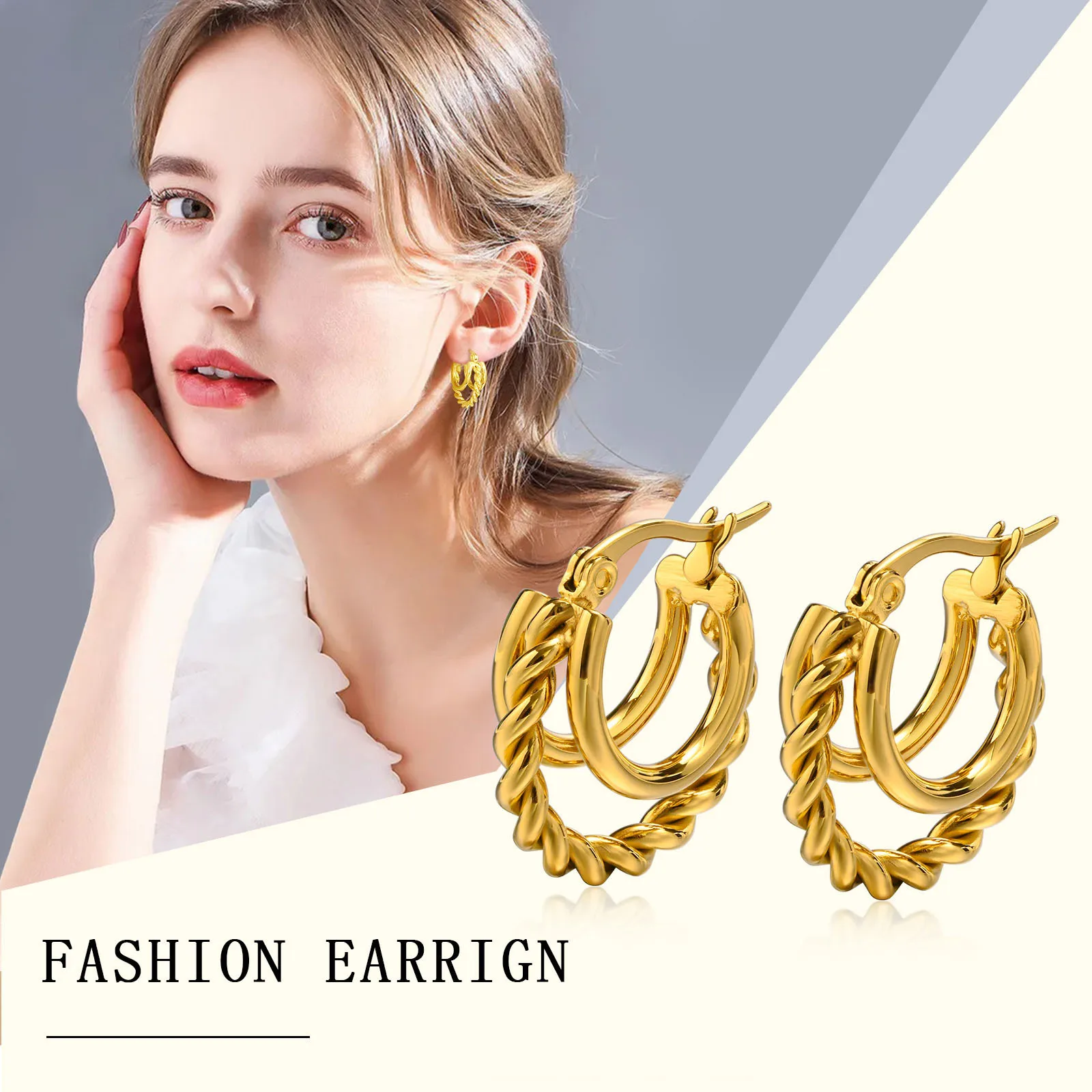 SKU Trendy Stainless Steel Hoop Earrings for Women Girls Party Gift, Gold Plated Metal Layered Twisted Rope Huggie Ear Jewelry