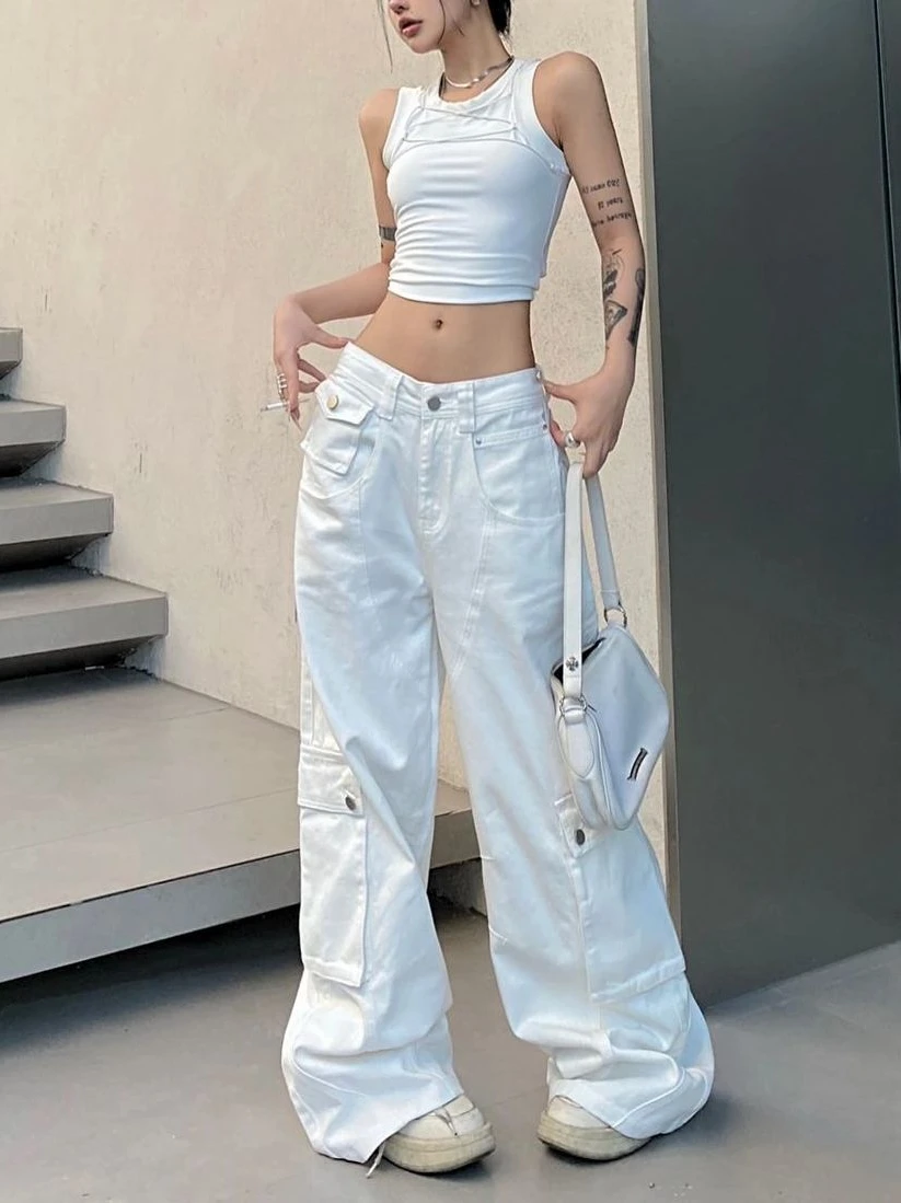 

High Waist Wide Leg American Sle Workwear Jeans Women's Autumn Winter White Straight Cut Loose Fit Floor Length Trousers