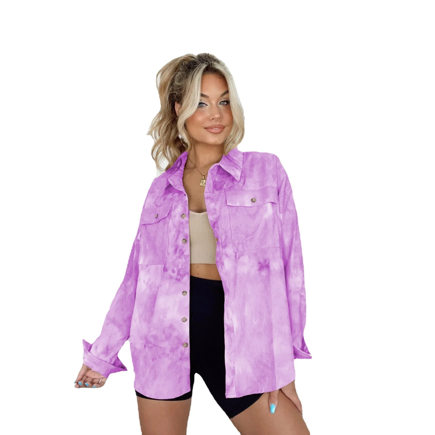 سترة غير رسمية بأكمام طويلة وصبغ التعادل 25 قميص فضفاض كوري جديد للخريف للنساء 22226