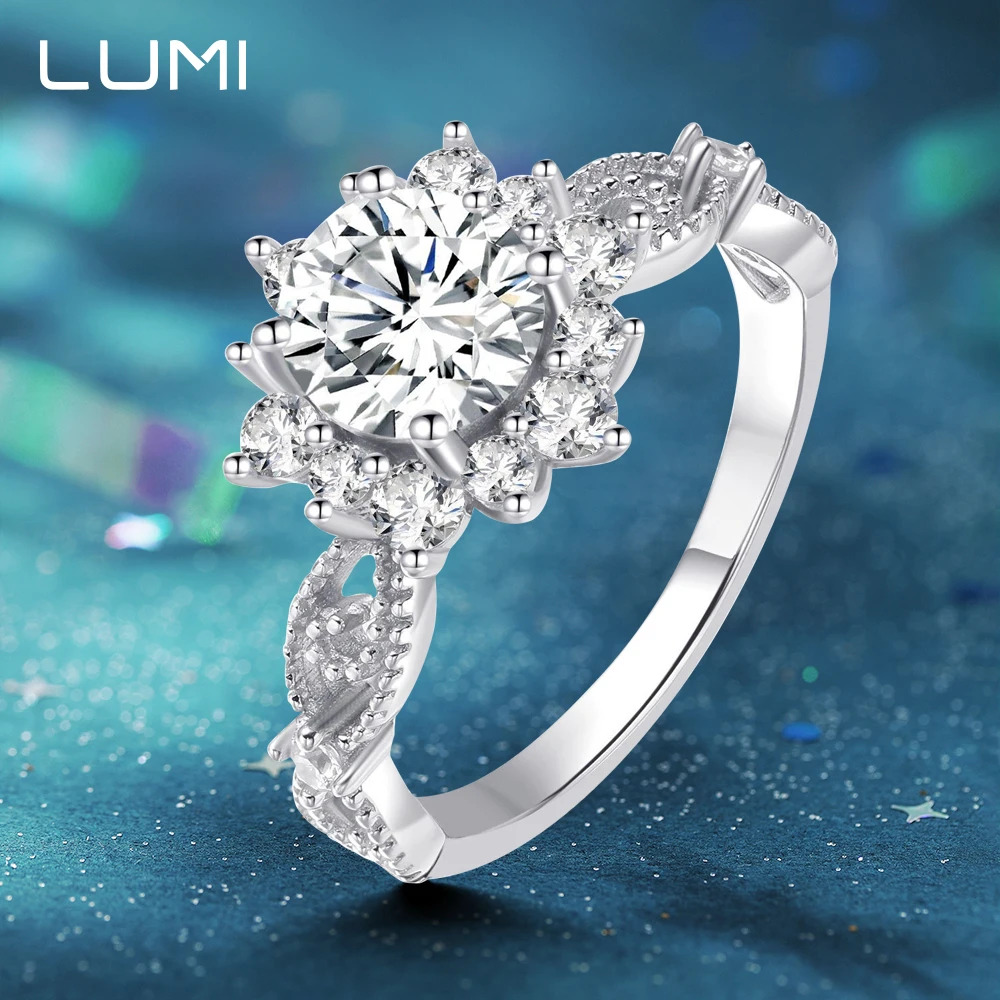 

Кольцо LUMI 1 карат D цвета VVS с муассанитом и солнечными лучами для женщин – стерлинговое серебро 925 пробы, роскошное ювелирное изделие для свадебной вечеринки