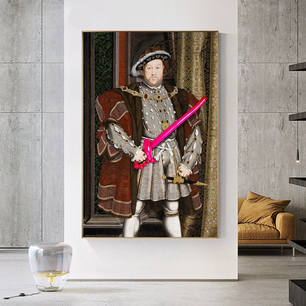 Vintage Portrait Wall Canvas Art Print King Henry VIII Poster Funny Altered Red Balloon Sword Picture for Living Room Home Decor