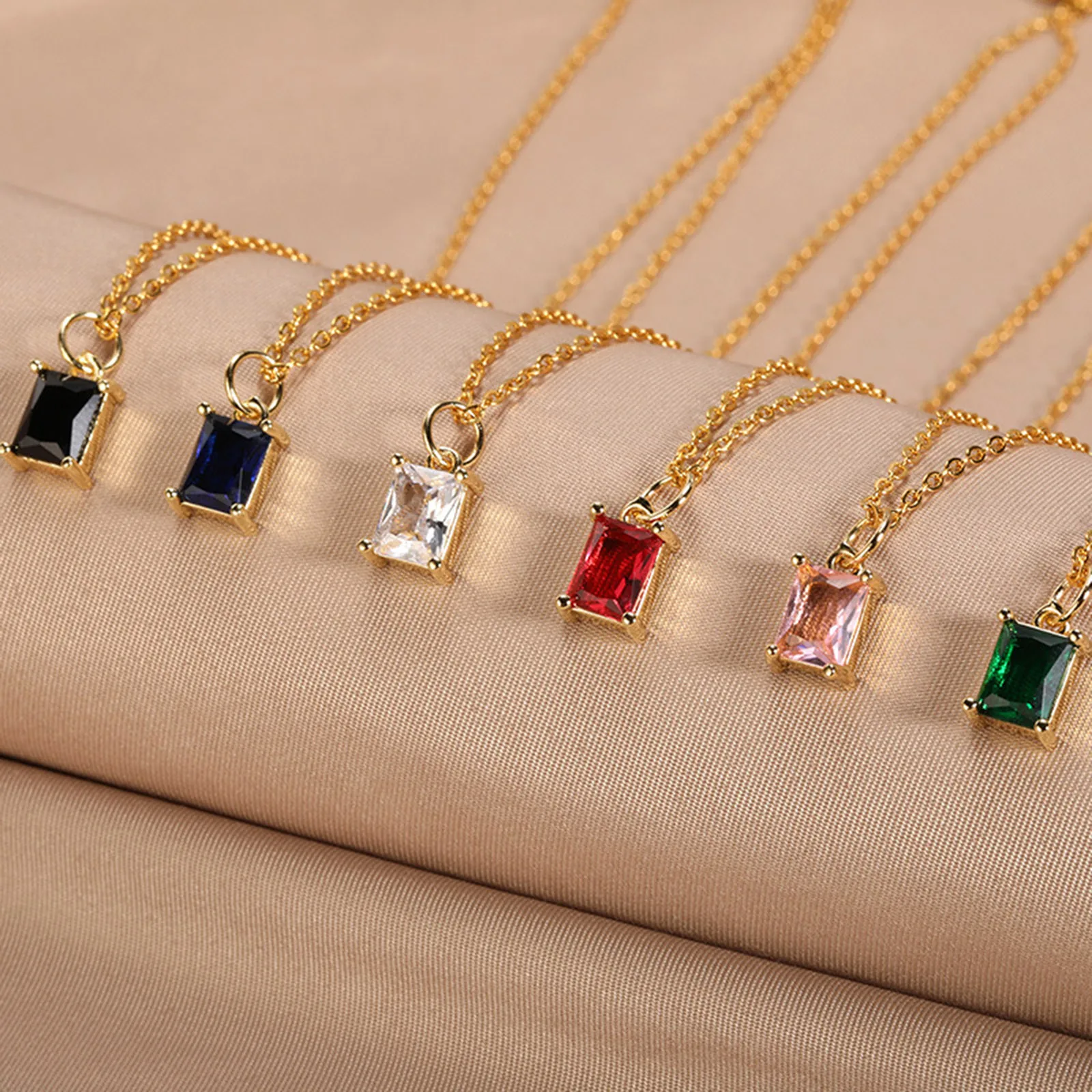 1PC 304 Stainless Steel Rhinestone Rectangle Pendant Necklace Rolo Chain Gold Color Necklace Women Wedding Jewelry 38cm long