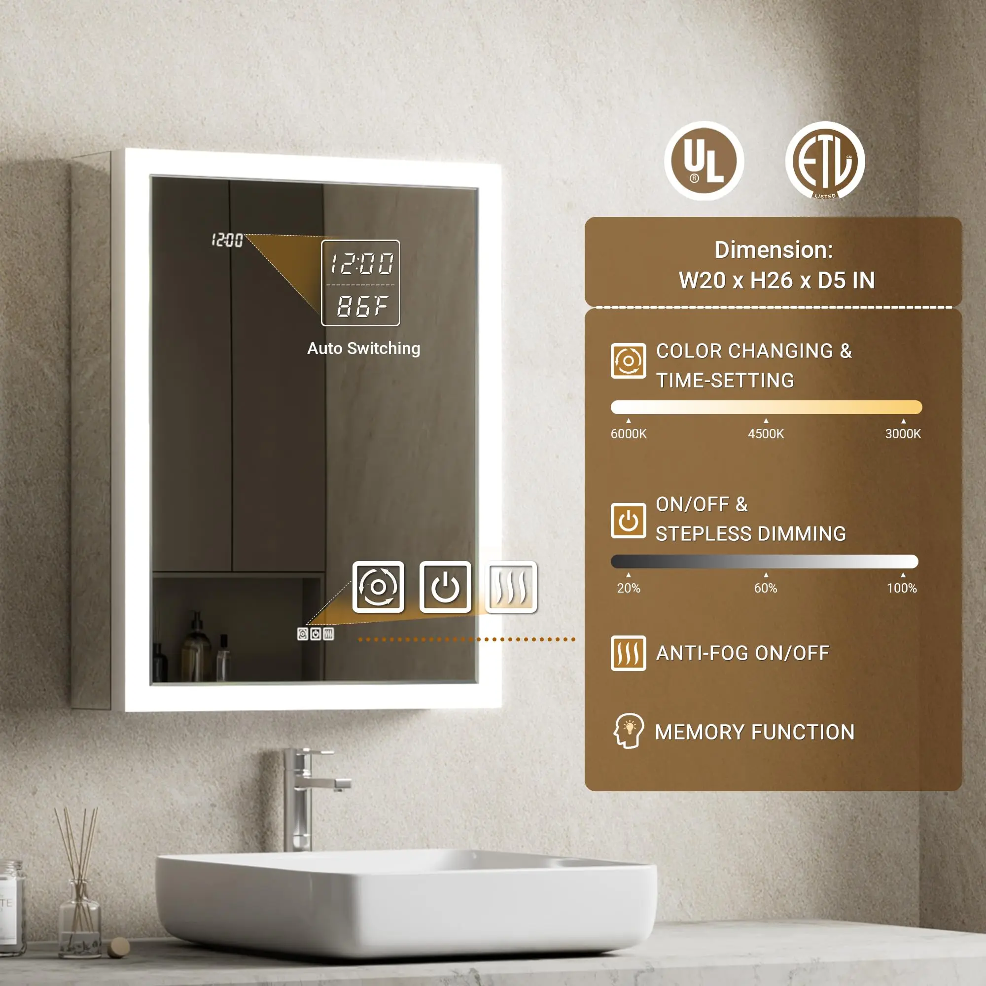 Lighted Medicine Cabinet with Mirror & Clock -20x26 Surface or Recessed Aluminum Medicine Cabinet with Dimmable Light &