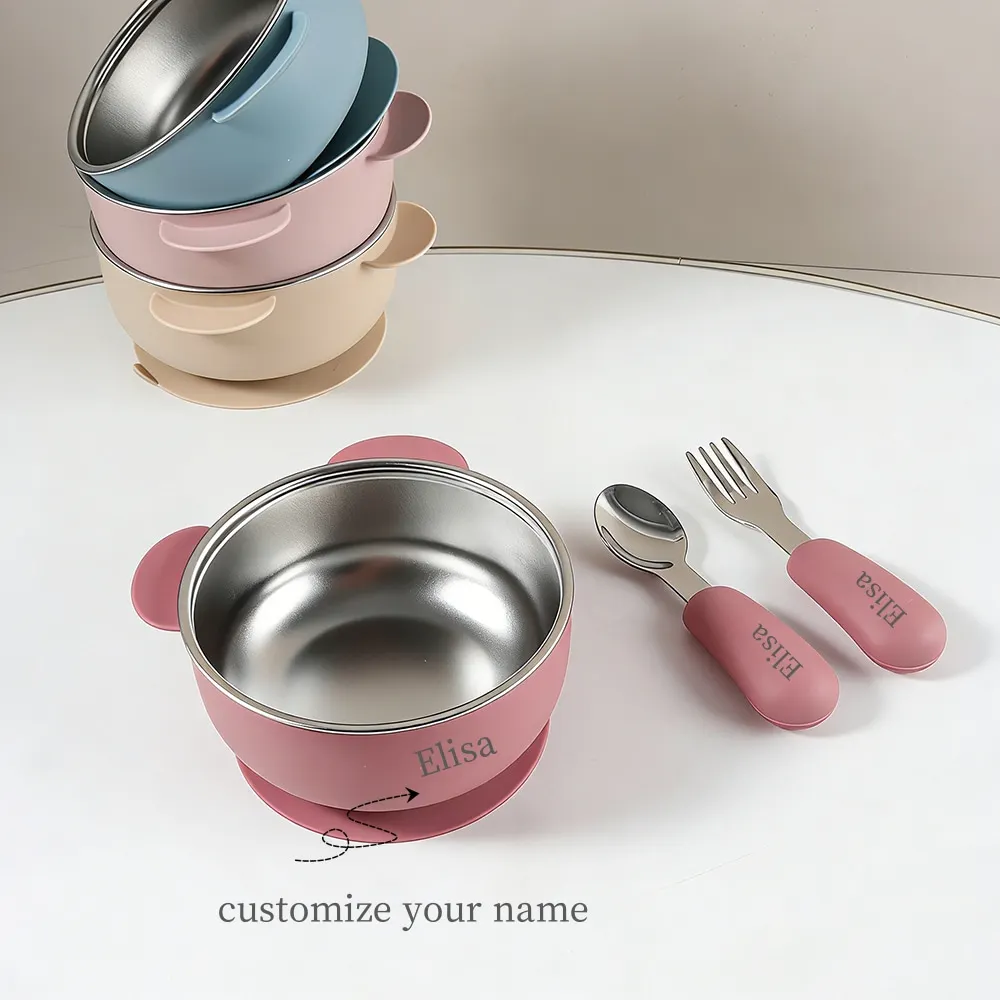 Custom Name Baby Bowl Spoon Fork Set Cute Bear Silicone Suction Bowl Base Baby Silicone 3pcs Set Stainless Steel