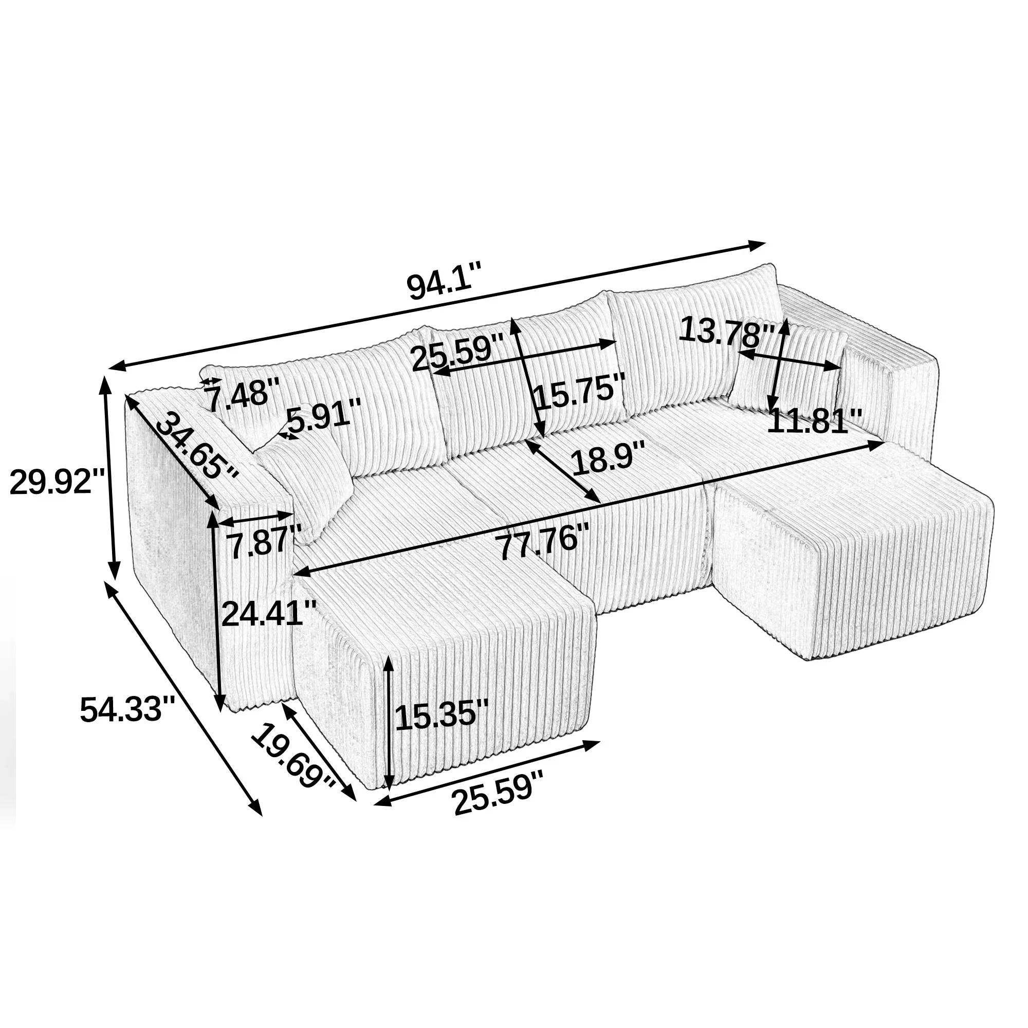 Minimalist Modular Sectional Sofa Set, Corduroy U‑Shaped Free Combination Sofa, No Assembly Required, Soft Plush Couch for Living Room Apartment Bedroom