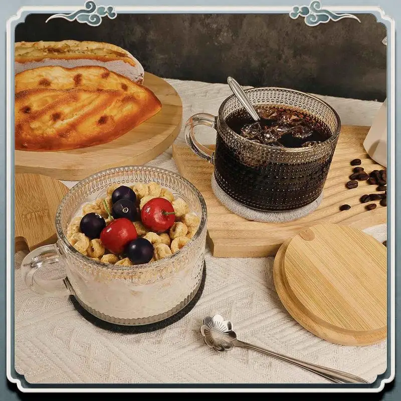 Durable Vintage Coffee Glass Mugs Set Of 2, Glass Coffee Tea Cups With Bamboo Lids, Coaster And Spoons,15Oz Clear Embossed Durab