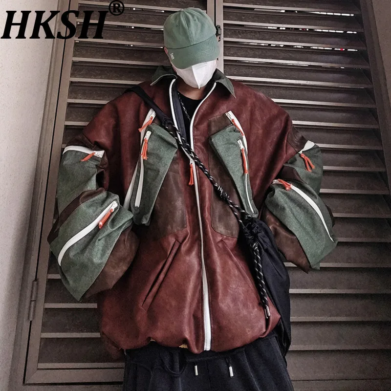 

HKSH Spring Autumn New Man Hip-Hop Loose Safari Style Multi-Pocket Spliced Panelled Leather Jacket High Street Chic Coat HK13704