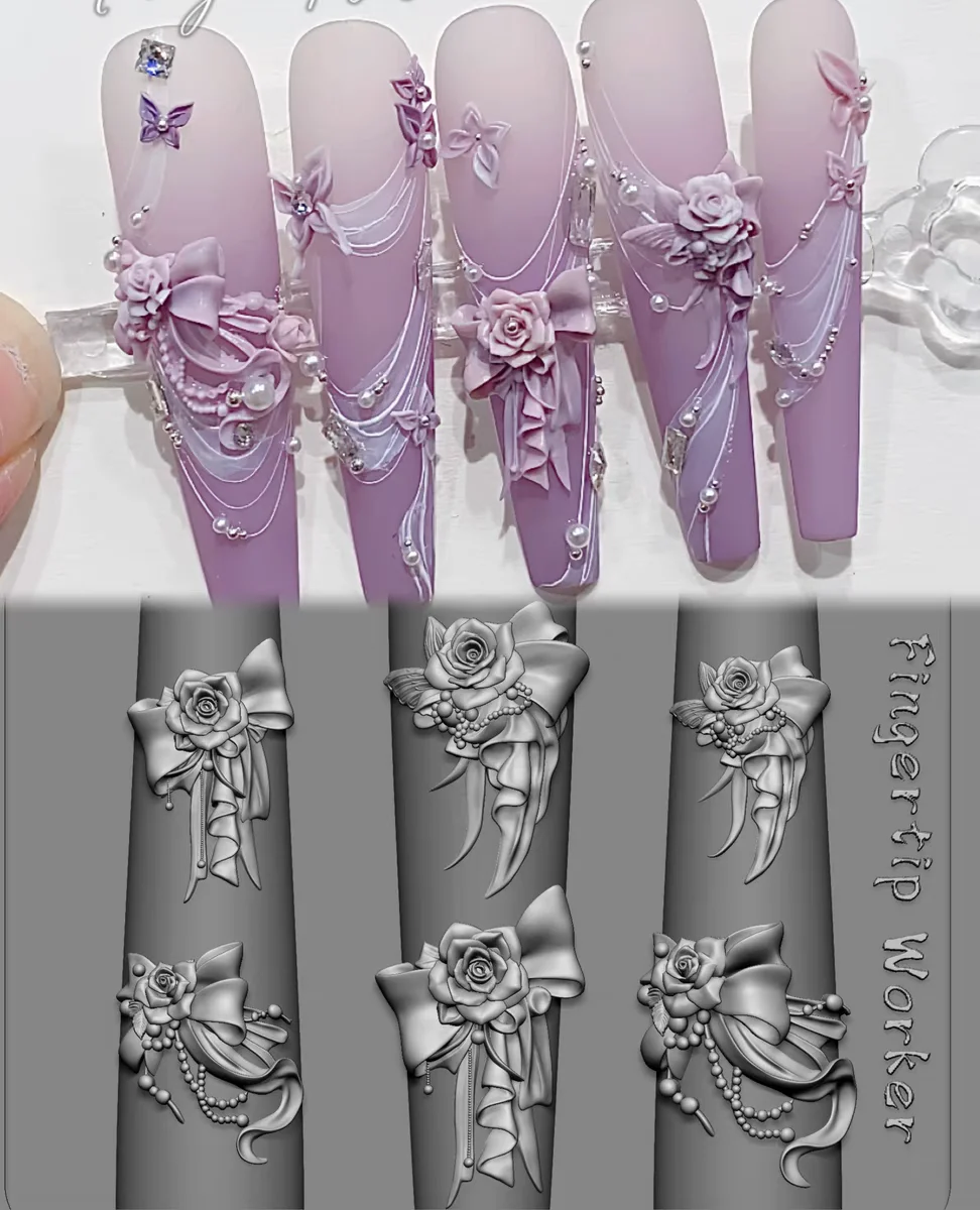 1Pc Silk Lace Rose Baroque Spoon Fork Clock Gear 3D Acrylic Mold Nail Art Decorations DIY Silicone Nail Templates Nail Mold