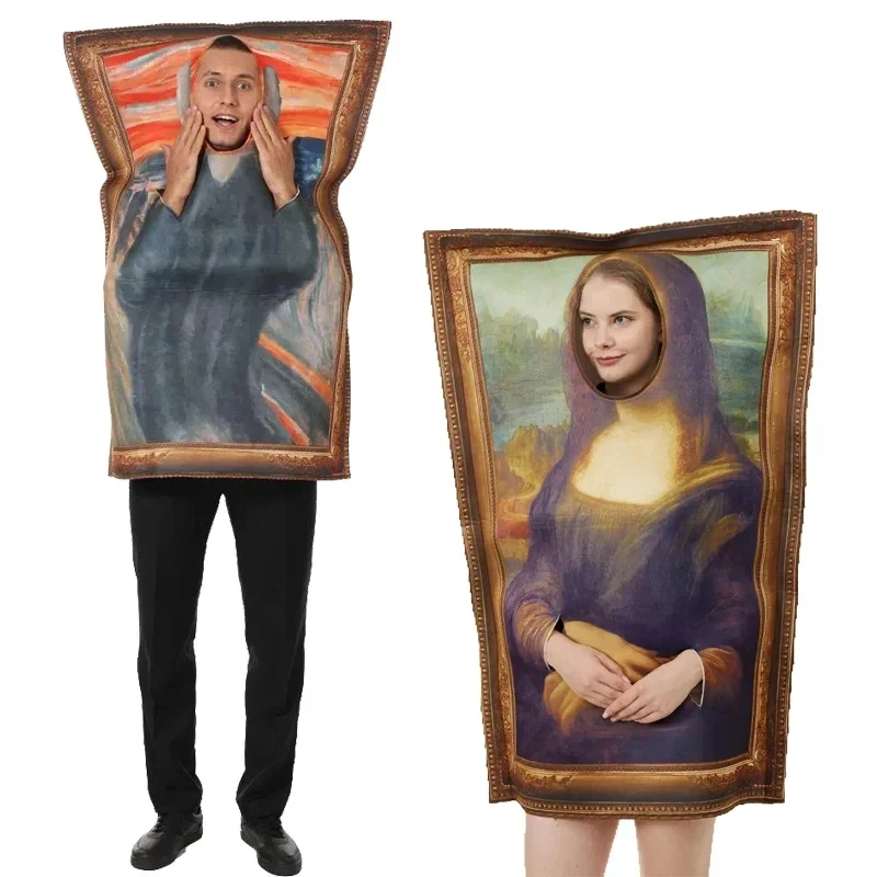 Interesting Mona Lisa Mural Van Gogh Role Play Props Set Adult Spoof Halloween Carnival Costume Sponge Show Jumpsuit Costume