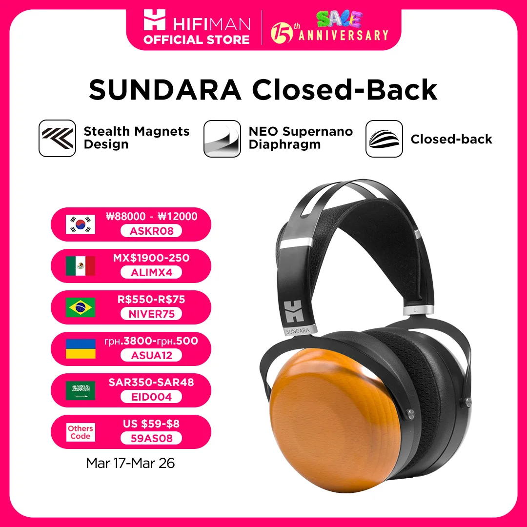 HIFIMAN SUNDARA Closed-Back Over-Ear Planar Magnetic Wired Hi-Fi Headphones with Stealth Magnet Design, Wood Ear Cups