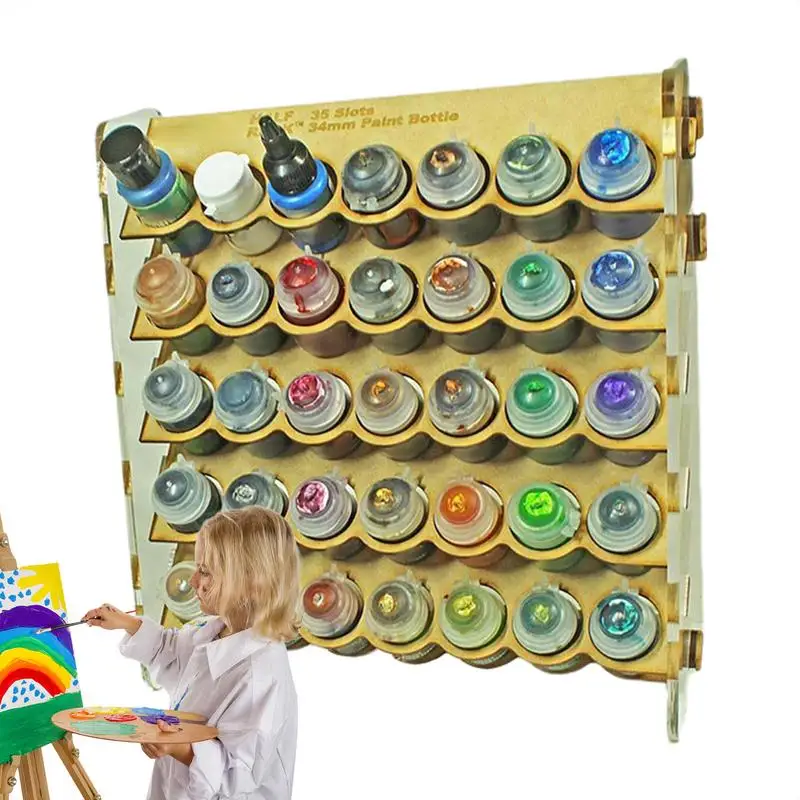 35-gniazdowy stojak na butelki z farbą Drewniany stojak do przechowywania farby Wielowarstwowy drewniany stojak z organizerem Łatwy w montażu do miniaturowego zestawu farb — zdjęcie 3