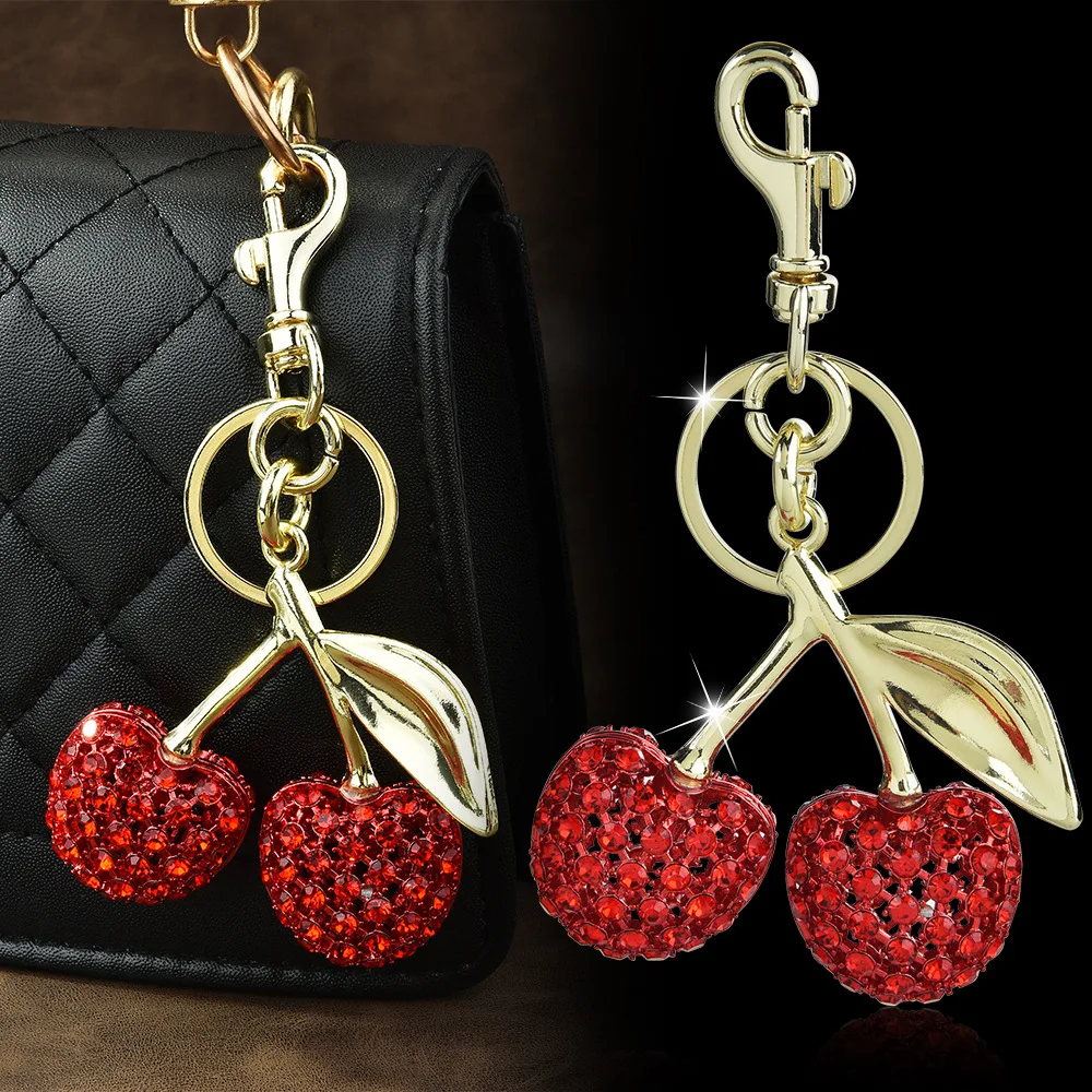 New Sparkling Luxury Diamonds Delicious Cherry Keychain Fruits Cherries Pendant For Women Men Jewelry Bag Accessories Gift 2025