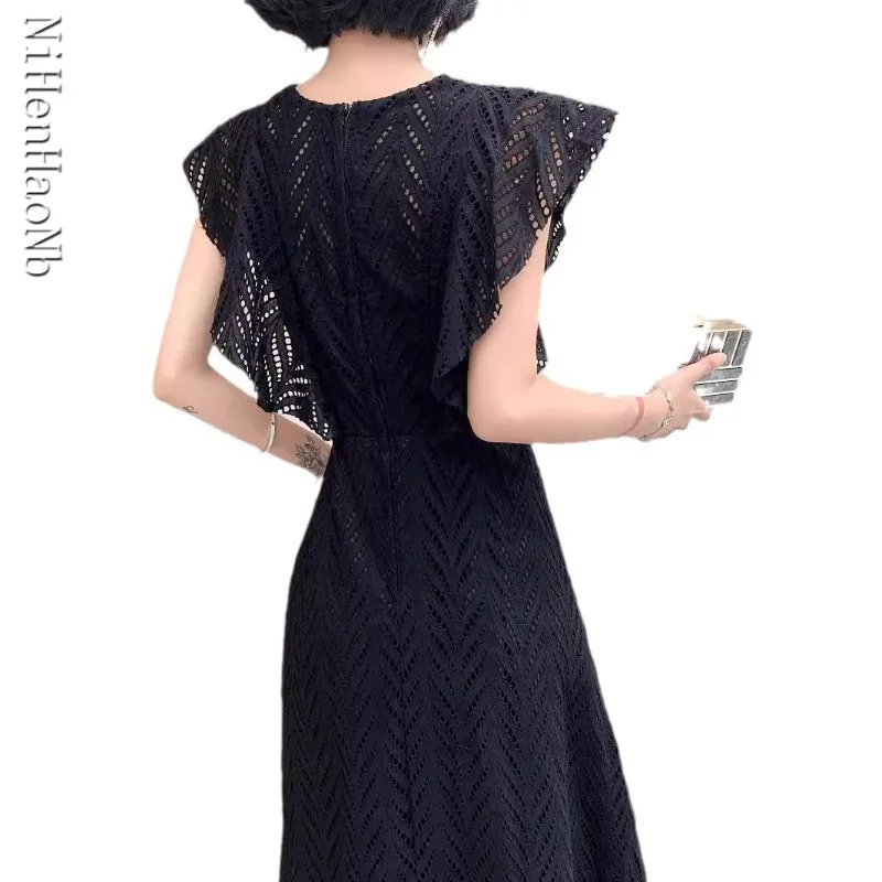 エレガントなレーススプライシング刺繍イブニングドレス女性のノースリーブ中空ソリッドロングウェディングパーティードレス